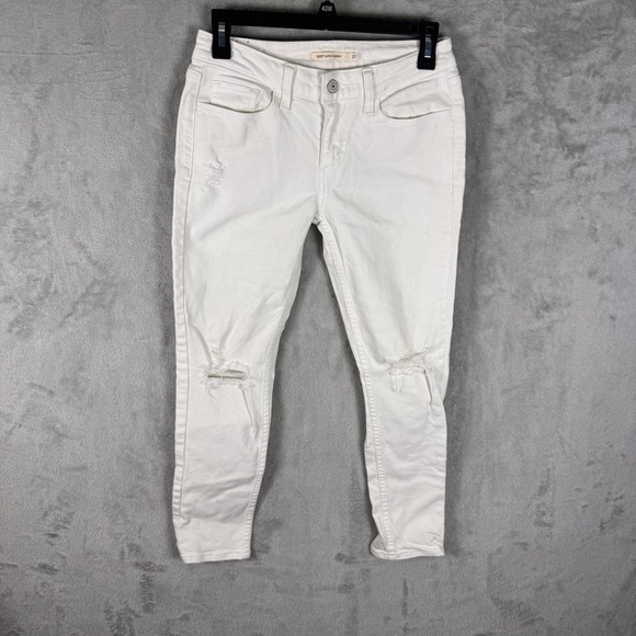 Levi's Denim - Levis 535 Jeans Womens 27 White Distressed Super Skinny Stretch Ripped Knee‎